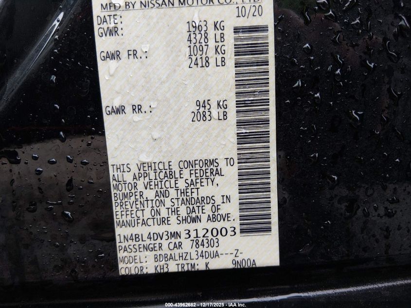 2021 Nissan Altima Sv Fwd VIN: 1N4BL4DV3MN312003 Lot: 43962682