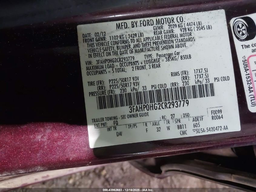 2012 Ford Fusion Se VIN: 3FAHP0HG2CR293779 Lot: 43962683