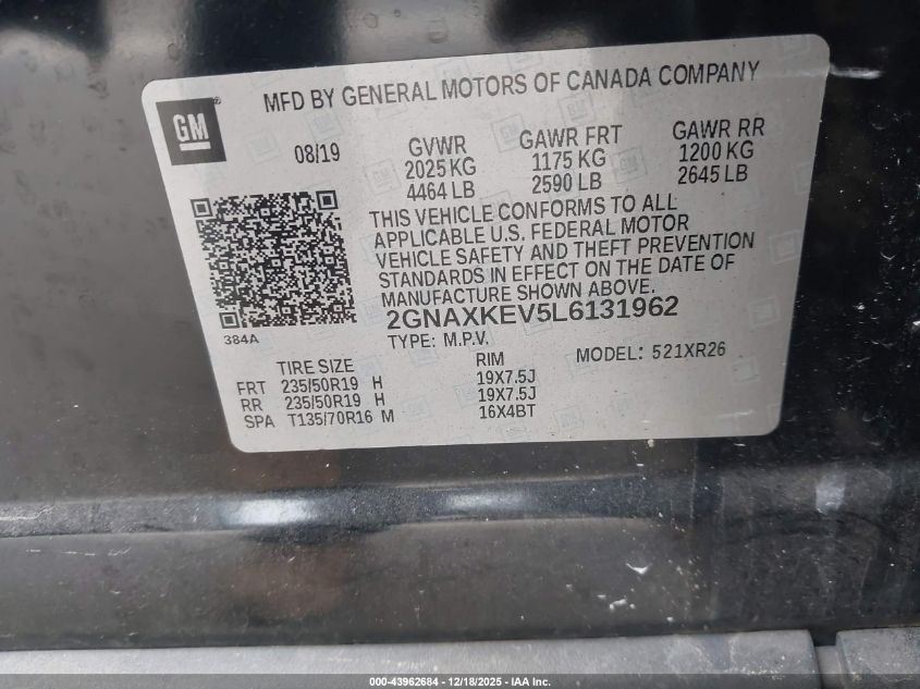 2020 Chevrolet Equinox Fwd Lt 1.5L Turbo VIN: 2GNAXKEV5L6131962 Lot: 43962684