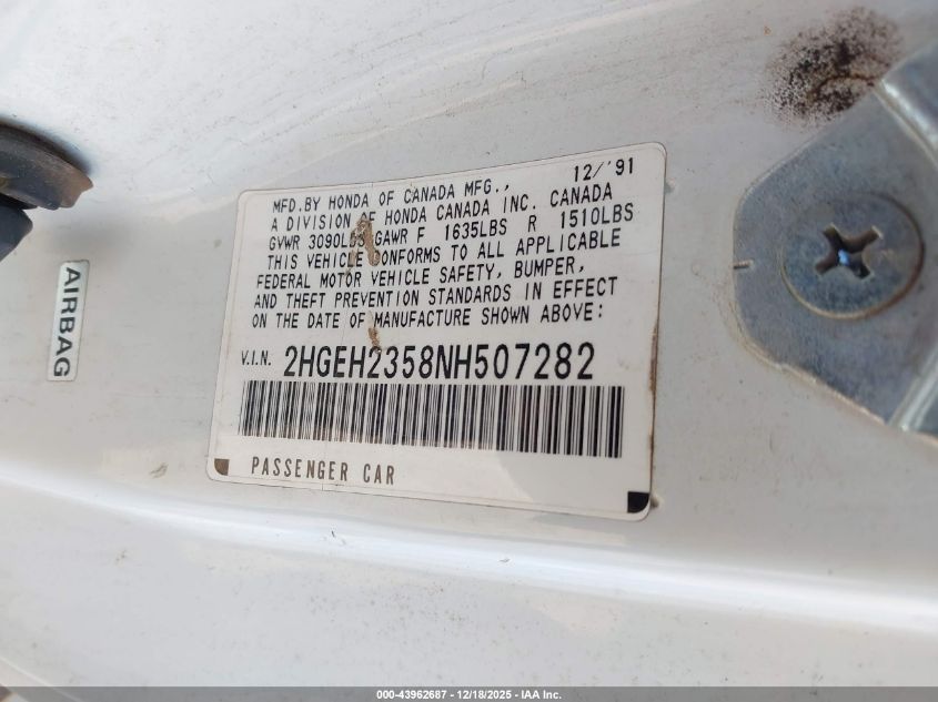 1992 Honda Civic Dx VIN: 2HGEH2358NH507282 Lot: 43962687