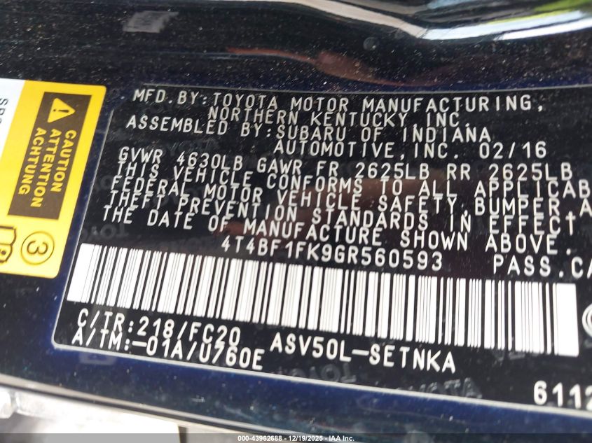 2016 Toyota Camry Le VIN: 4T4BF1FK9GR560593 Lot: 43962688