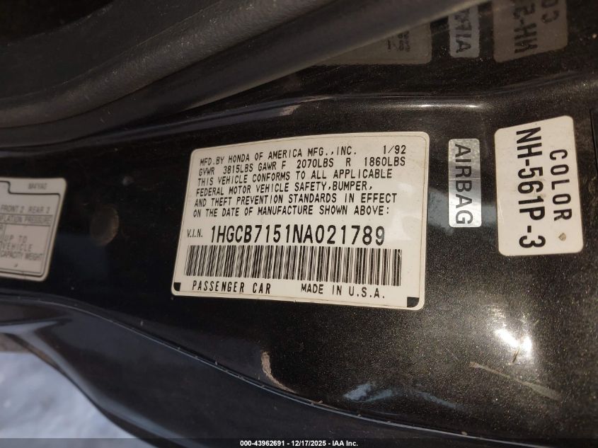1992 Honda Accord Lx VIN: 1HGCB7151NA021789 Lot: 43962691