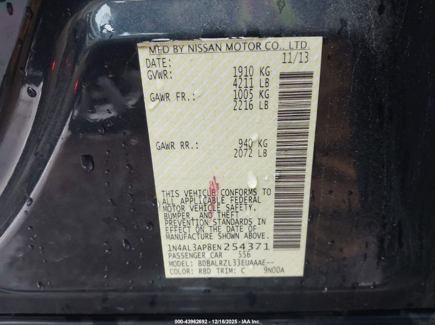 2014 Nissan Altima 2.5 S VIN: 1N4AL3AP8EN254371 Lot: 43962692