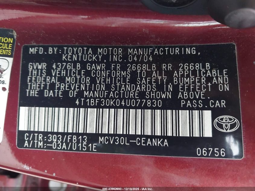 2004 Toyota Camry Le V6 VIN: 4T1BF30K04U077830 Lot: 43962693