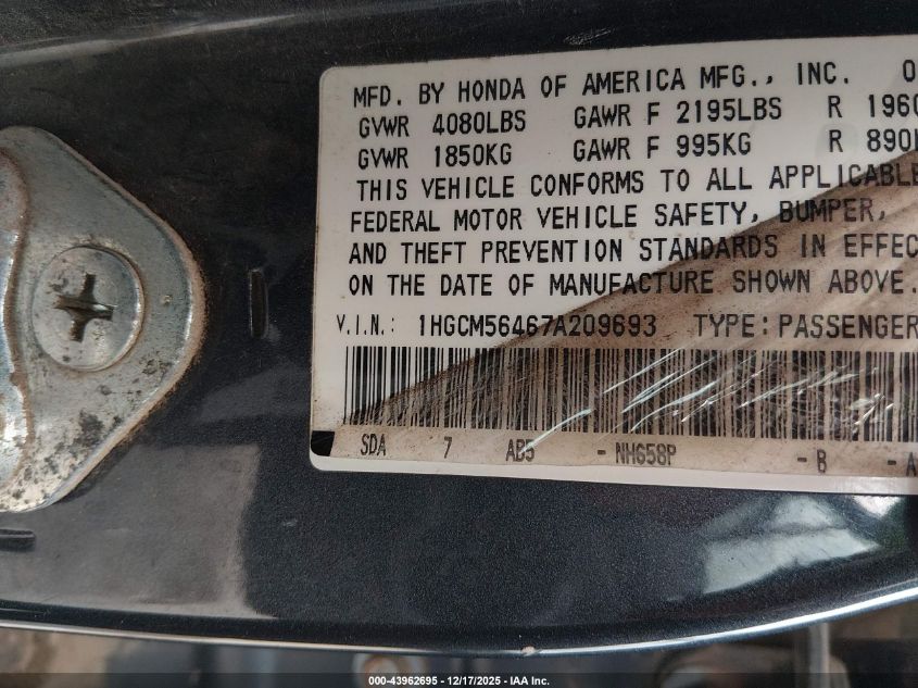 2007 Honda Accord 2.4 Lx VIN: 1HGCM56467A209693 Lot: 43962695