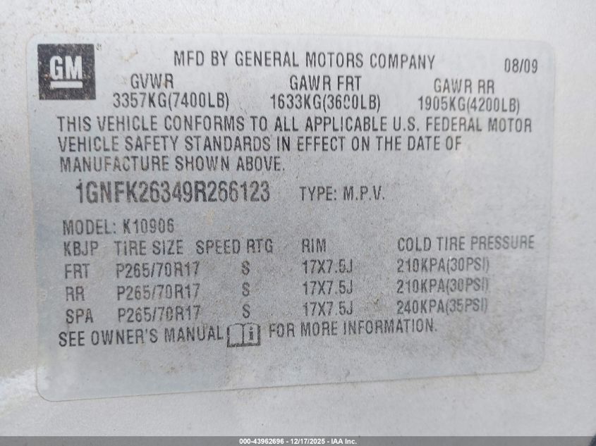 2009 Chevrolet Suburban 1500 Lt2 VIN: 1GNFK26349R266123 Lot: 43962696