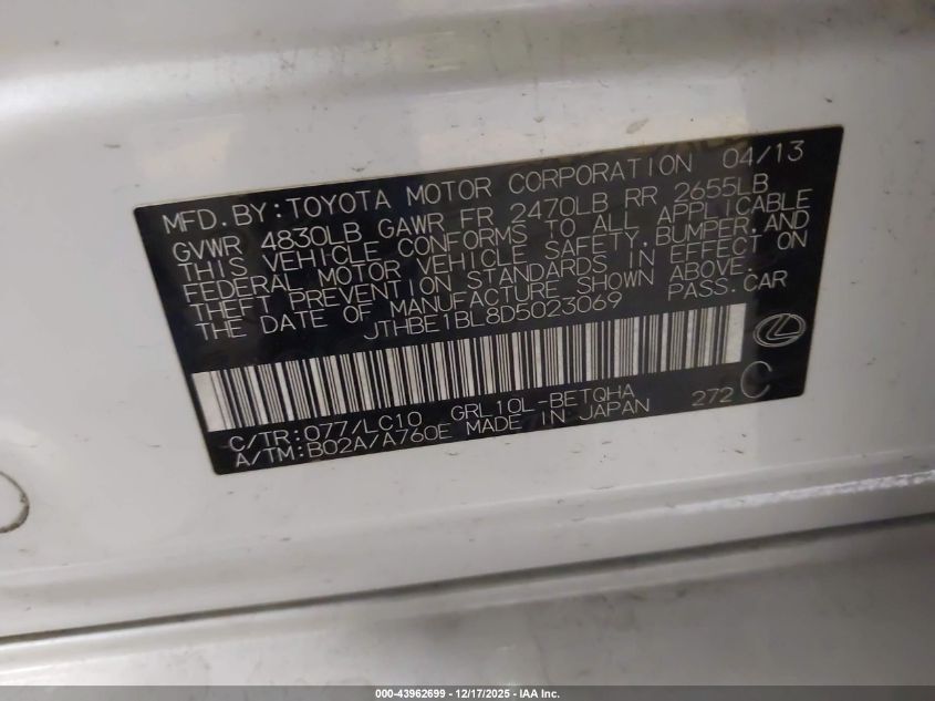 2013 Lexus Gs 350 VIN: JTHBE1BL8D5023069 Lot: 43962699