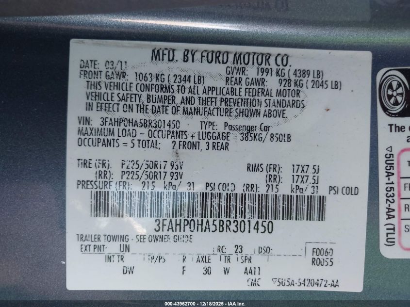 2011 Ford Fusion Se VIN: 3FAHP0HA5BR301450 Lot: 43962700