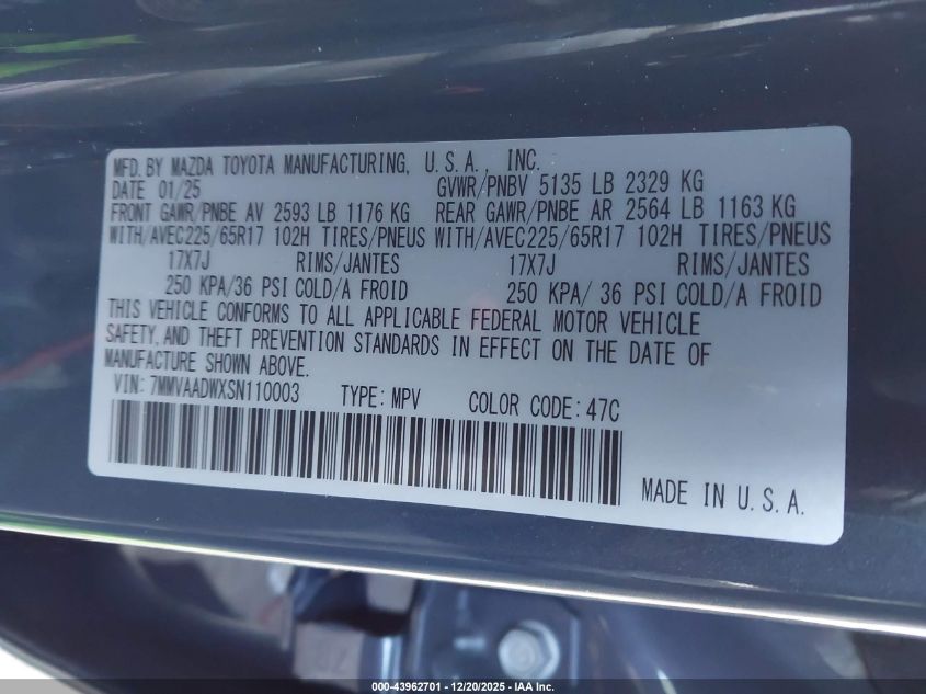 2025 Mazda Cx-50 Hybrid Premium Package VIN: 7MMVAADWXSN110003 Lot: 43962701