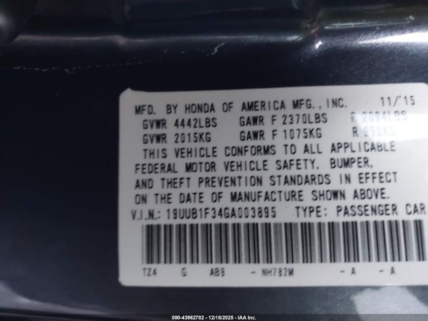 2016 Acura Tlx VIN: 19UUB1F34GA003895 Lot: 43962702