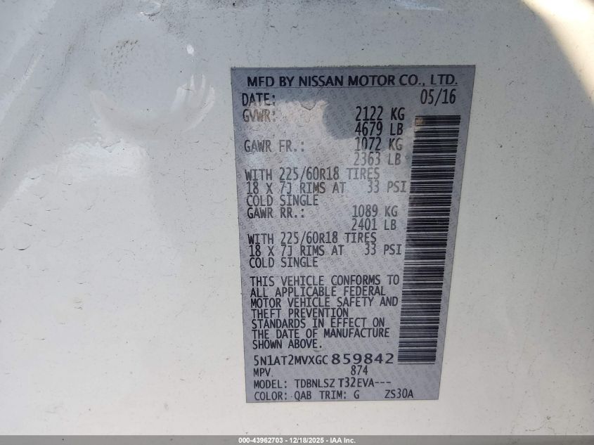 2016 Nissan Rogue Sl VIN: 5N1AT2MVXGC859842 Lot: 43962703