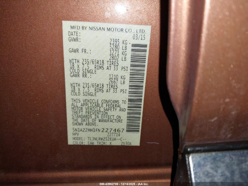 2015 Nissan Murano Sl VIN: 5N1AZ2MH1FN227467 Lot: 43962706