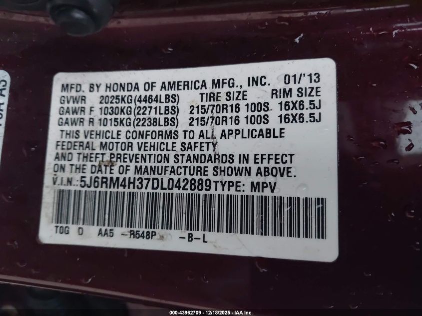 2013 Honda Cr-V Lx VIN: 5J6RM4H37DL042889 Lot: 43962709