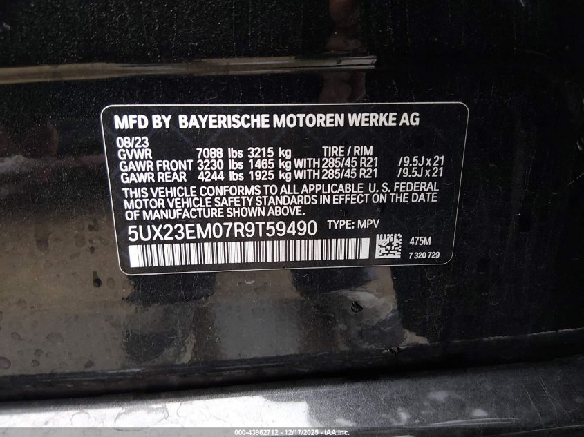 2024 BMW X7 xDrive40I VIN: 5UX23EM07R9T59490 Lot: 43962712