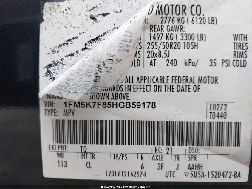 2017 Ford Explorer Limited VIN: 1FM5K7F85HGB59178 Lot: 43962714