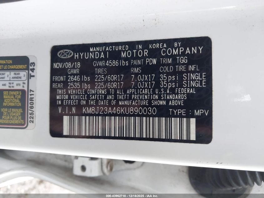 2019 Hyundai Tucson Se VIN: KM8J23A46KU890030 Lot: 43962718