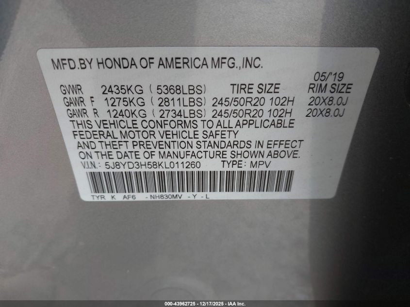 2019 Acura Mdx Tech Pkg VIN: 5J8YD3H58KL011260 Lot: 43962725