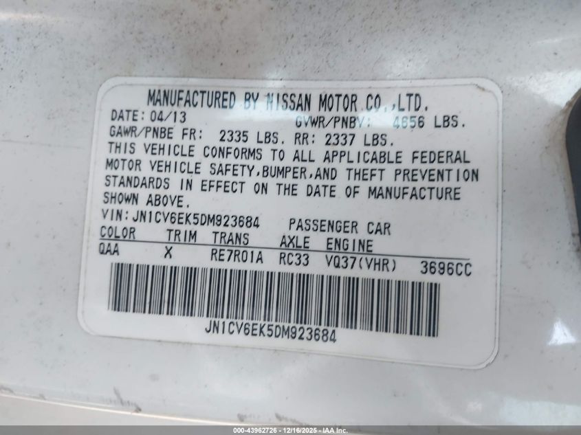 2013 Infiniti G37 Journey VIN: JN1CV6EK5DM923684 Lot: 43962726