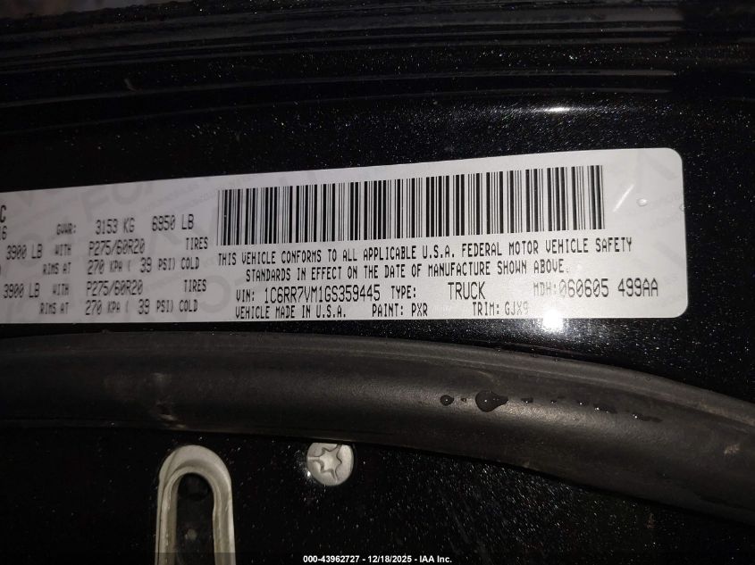 2016 Ram 1500 Laramie VIN: 1C6RR7VM1GS359445 Lot: 43962727