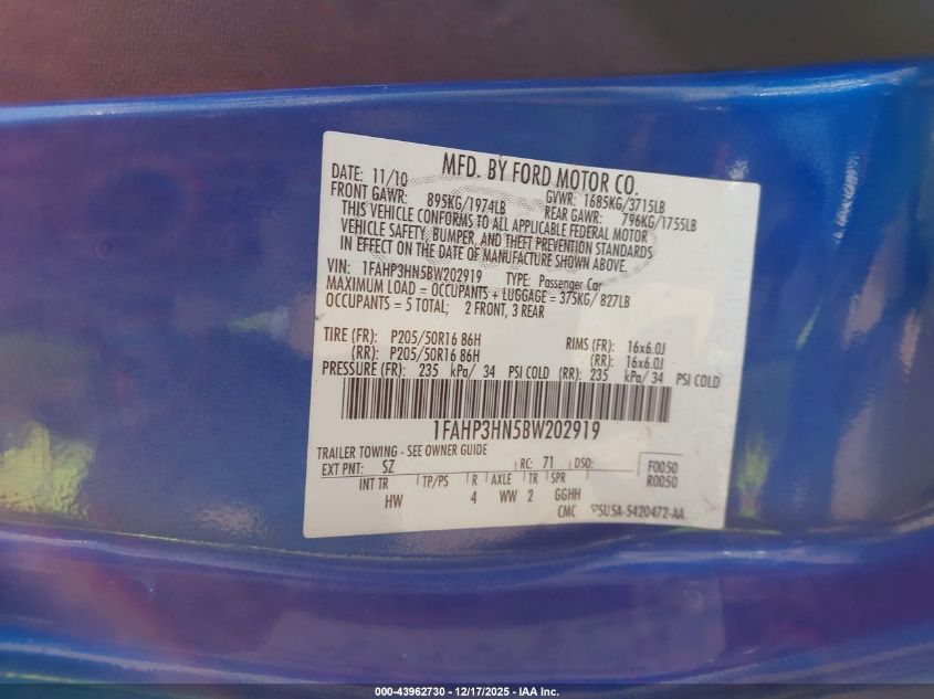 2011 Ford Focus Sel VIN: 1FAHP3HN5BW202919 Lot: 43962730