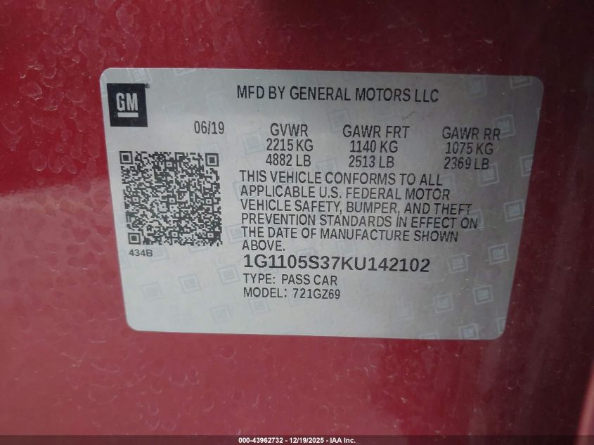 2019 Chevrolet Impala Premier VIN: 1G1105S37KU142102 Lot: 43962732