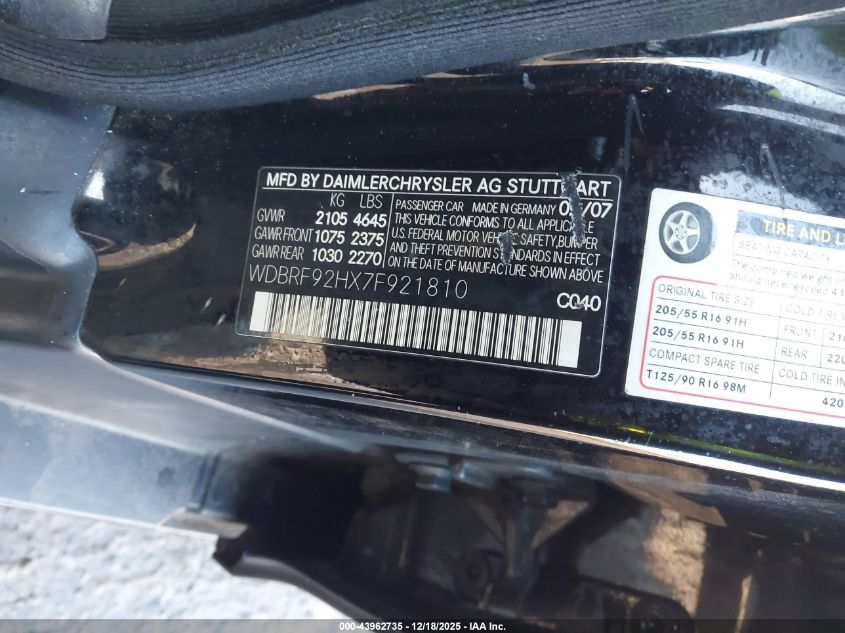 2007 Mercedes-Benz C 280 Luxury 4Matic VIN: WDBRF92HX7F921810 Lot: 43962735