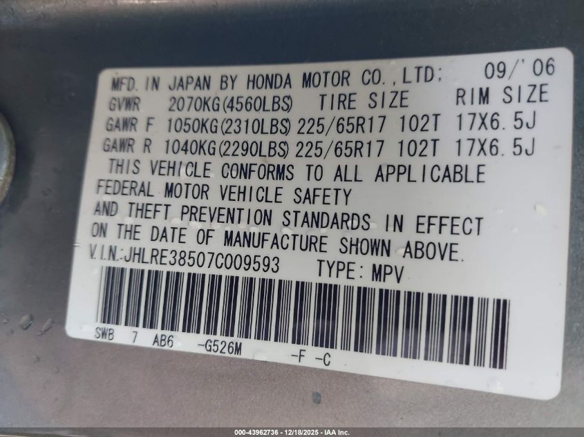 2007 Honda Cr-V Ex VIN: JHLRE38507C009593 Lot: 43962736