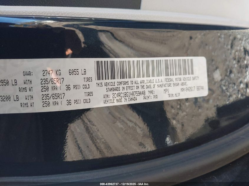 2017 Chrysler Pacifica Touring-L VIN: 2C4RC1BG1HR759448 Lot: 43962737