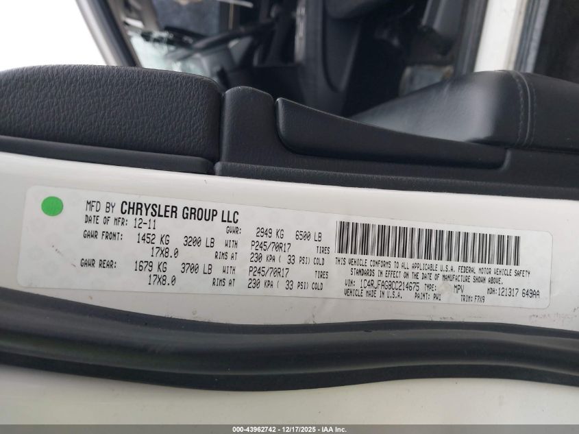 2012 Jeep Grand Cherokee Laredo VIN: 1C4RJFAG8CC214675 Lot: 43962742