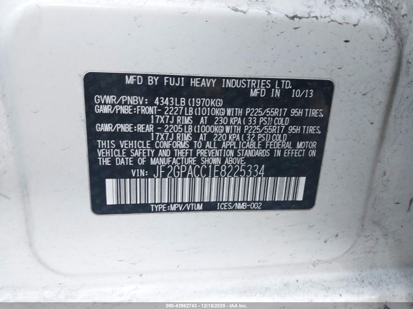 2014 Subaru Xv Crosstrek 2.0I Premium VIN: JF2GPACC1E8225334 Lot: 43962743