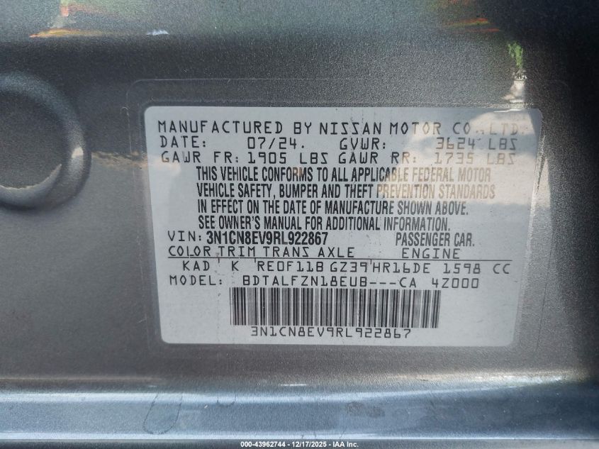 2024 Nissan Versa 1.6 Sv VIN: 3N1CN8EV9RL922867 Lot: 43962744