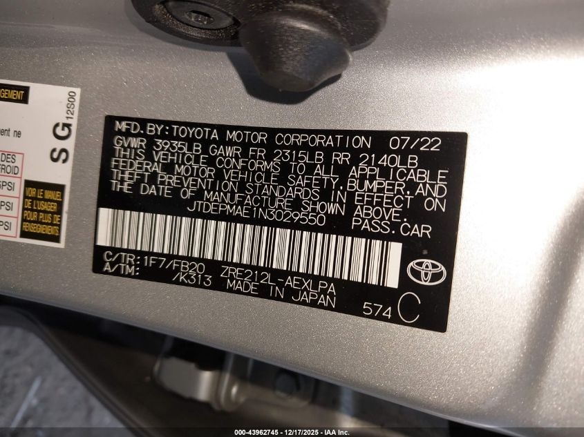 2022 Toyota Corolla Le VIN: JTDEPMAE1N3029550 Lot: 43962745