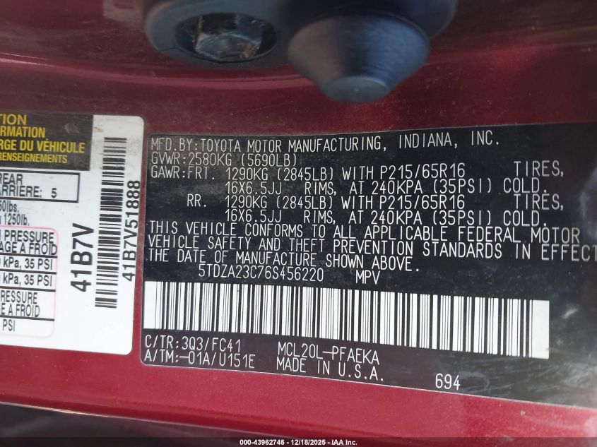 2006 Toyota Sienna Le VIN: 05TDZA23C76S45622 Lot: 43962746