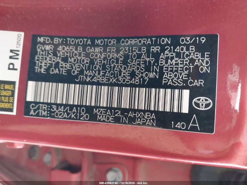 2019 Toyota Corolla Xse VIN: JTNK4RBEXK3054817 Lot: 43962748