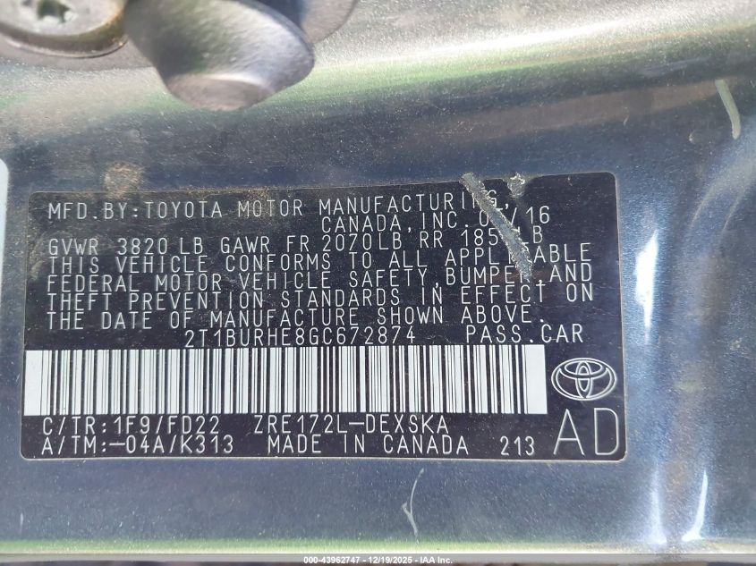 2016 Toyota Corolla S Plus VIN: 2T1BURHE8GC672874 Lot: 43962747