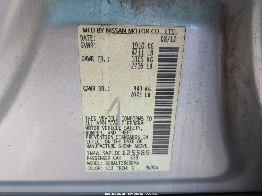 2013 Nissan Altima 2.5 Sv VIN: 1N4AL3AP1DC125589 Lot: 43962750