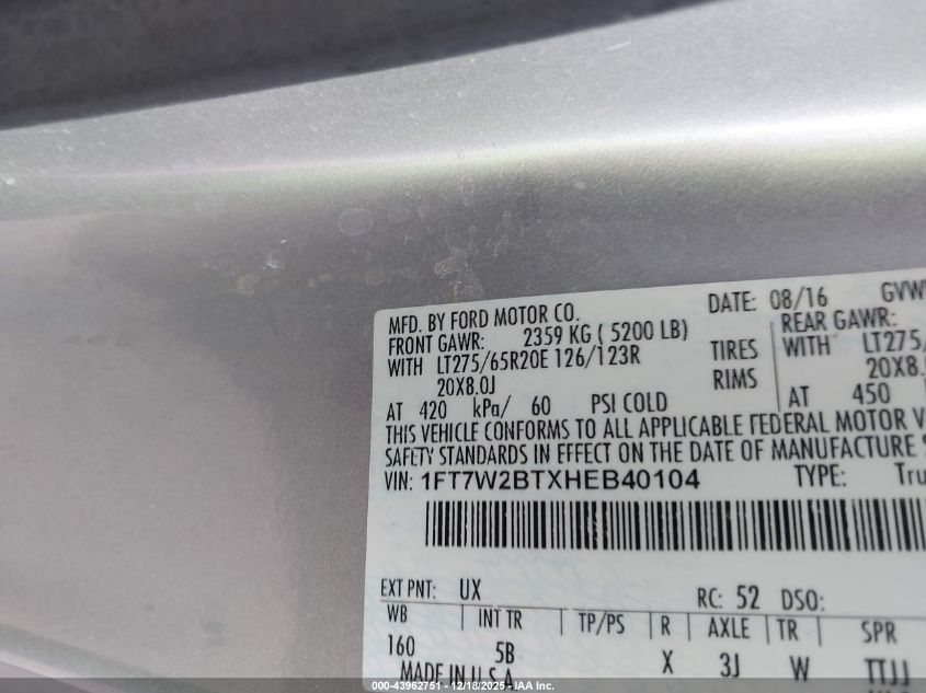 2017 Ford F-250 Lariat VIN: 1FT7W2BTXHEB40104 Lot: 43962751