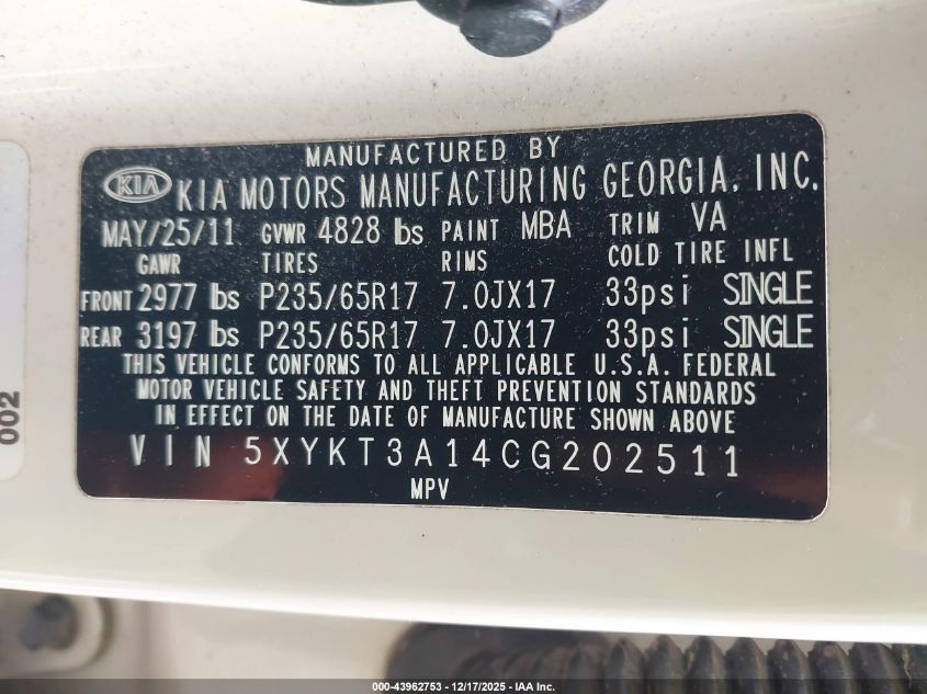 2012 Kia Sorento Lx VIN: 5XYKT3A14CG202511 Lot: 43962753