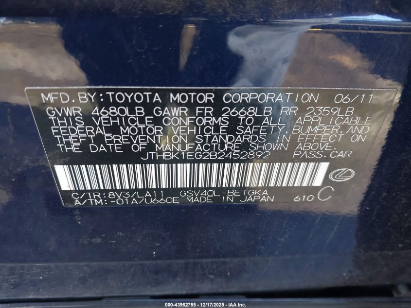 2011 Lexus Es 350 VIN: JTHBK1EG2B2452892 Lot: 43962755