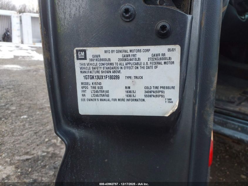 2001 GMC Sierra 1500Hd Sle VIN: 1GTGK13UX1F180289 Lot: 43962757