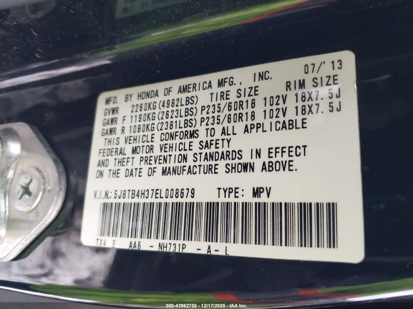 2014 Acura Rdx VIN: 5J8TB4H37EL008679 Lot: 43962758