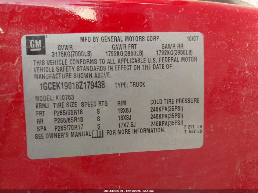 2008 Chevrolet Silverado 1500 Lt1 VIN: 1GCEK19018Z179438 Lot: 43962759