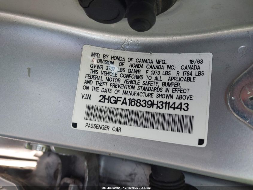 2009 Honda Civic Ex VIN: 2HGFA16839H311443 Lot: 43962761