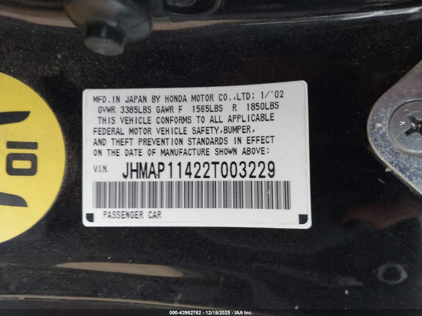 2002 Honda S2000 VIN: JHMAP11422T003229 Lot: 43962762