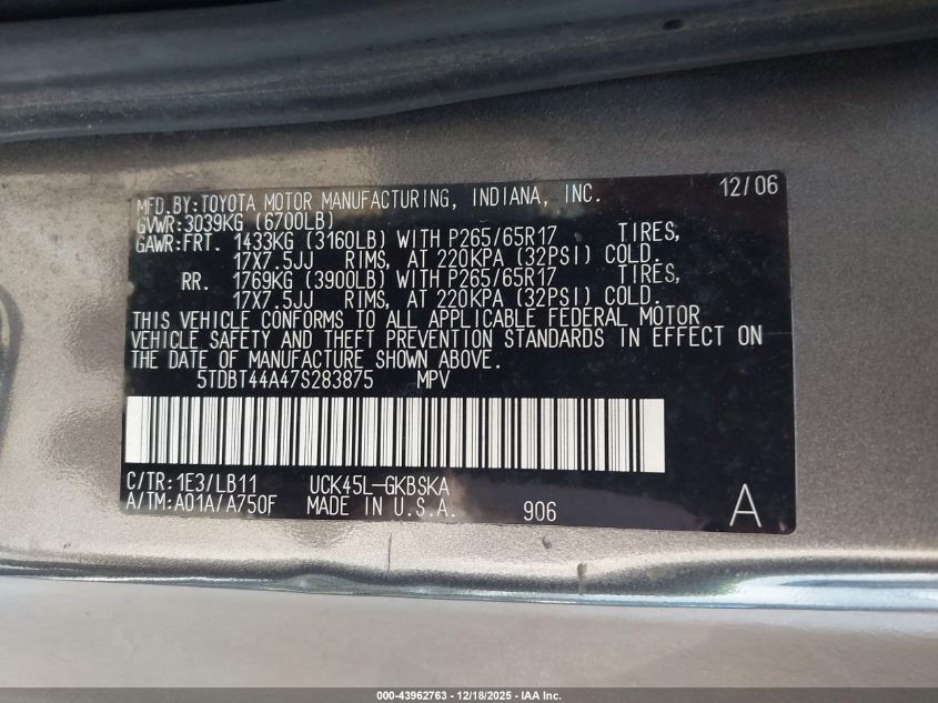 2007 Toyota Sequoia Sr5 V8 VIN: 5TDBT44A47S283875 Lot: 43962763