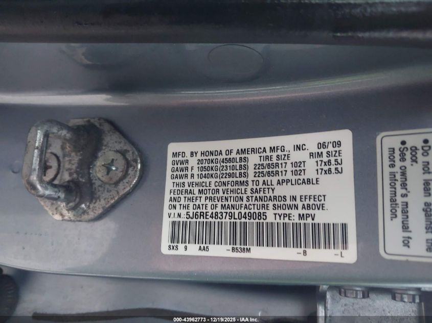 2009 Honda Cr-V Lx VIN: 5J6RE48379L049085 Lot: 43962773
