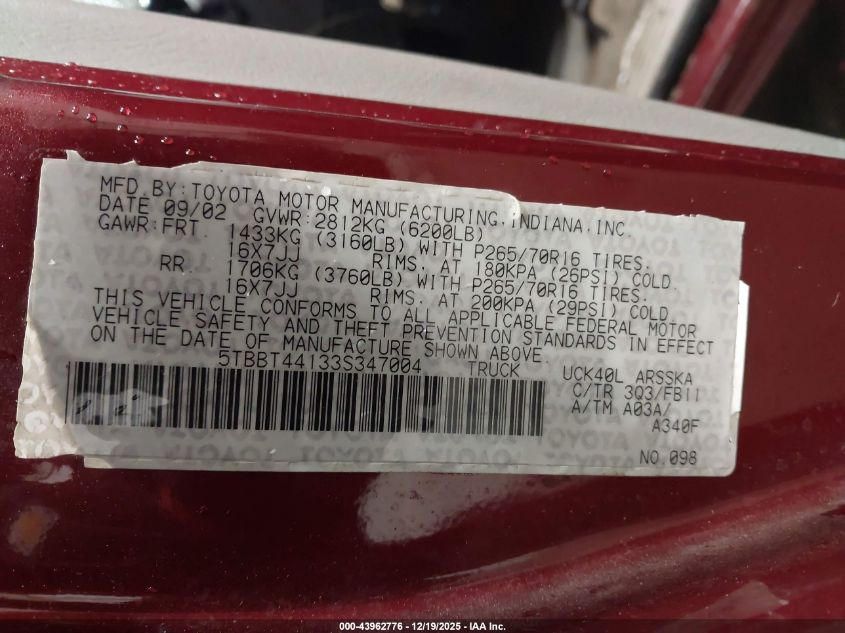 2003 Toyota Tundra Sr5 V8 VIN: 5TBBT44133S347004 Lot: 43962776