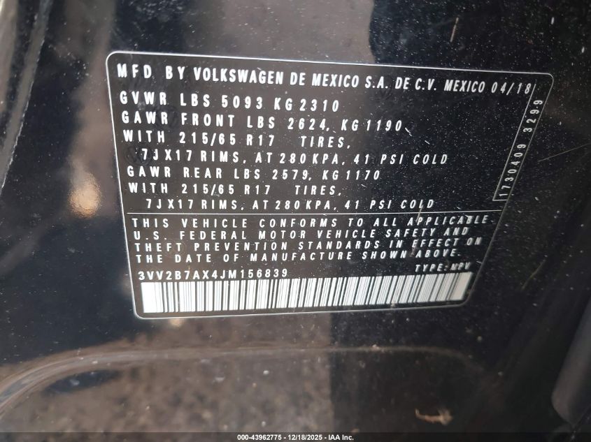 2018 Volkswagen Tiguan 2.0T Se/2.0T Sel VIN: 3VV2B7AX4JM156839 Lot: 43962775