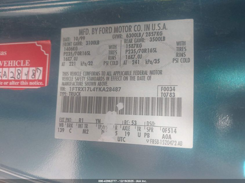 2000 Ford F-150 Lariat/Work Series/Xl/Xlt VIN: 1FTRX17L4YKA28487 Lot: 43962777