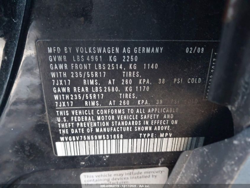 2009 Volkswagen Tiguan Se VIN: WVGBV75N59W531658 Lot: 43962778